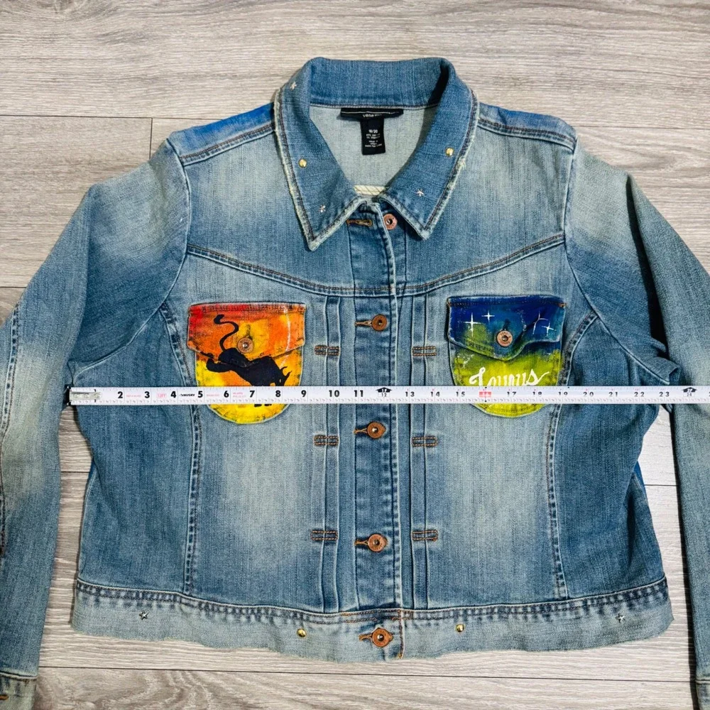 Upcycled Venezia Denim Jacket Hand Painted Taurus‎ Sun Moon Celestial Art 18-20
